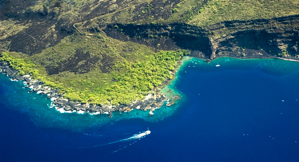 An overhead view of Kealakekua Bay. 
